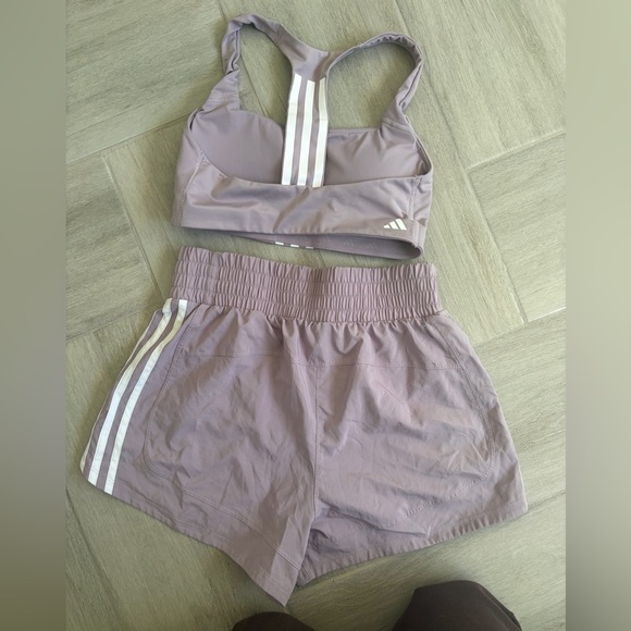 Adidas women’s purple 3 stripe bra and matching high rise shorts in size small - Picture 2 of 4